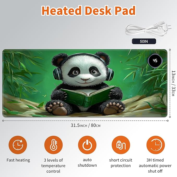 Heated Mouse Pad,Warm Desk Pad with 3 Levels Heating & 3 Hours Auto Shut-Off, PU Leather Heated Desk Pad Warmer Pad for Home Office - 31.5 x 13 inch,Panda Bamboo
