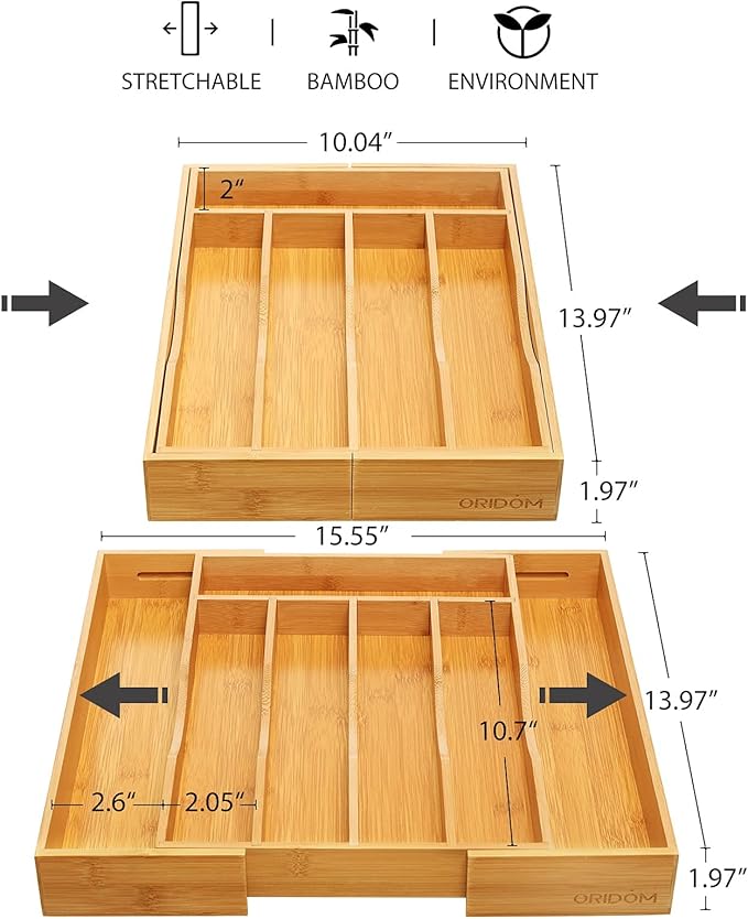 Expandable Bamboo Kitchen Drawer Organizer for Cutlery and Utensils, Adjustable Bamboo Wood Cutlery Tray in Drawer for Flatware and Silverware in Kitchen, (Natural)