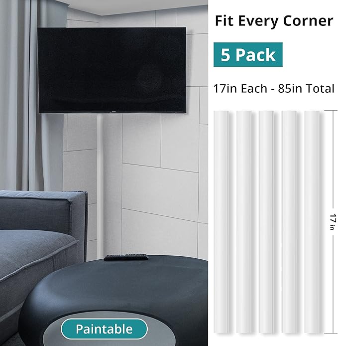 Corner Cable Concealer, 85-inch Cord Cover, Large Capacity Corner Duct, Paintable Cable Management Channel for Floor Baseboard, Ceiling, Wall - 5 X L 17in