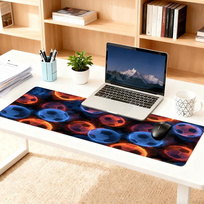 Large Mouse Pad Soccer Balls Fire Non-Slip Rubber Long Gaming Desk Mat Big Computer Keyboard Mousepad Waterproof Protector Wristing Pad for Gaming Office Home Decorative 31.5 X 11.8 Inch