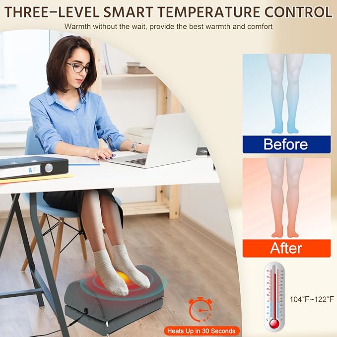 Heated Foot Rest Under Desk at Work, Office Desk Accessories Under Desk Footrest with Adjustable Height and Washable Cover, Removable Heating Accessories Foot Stool with Handle, Gray