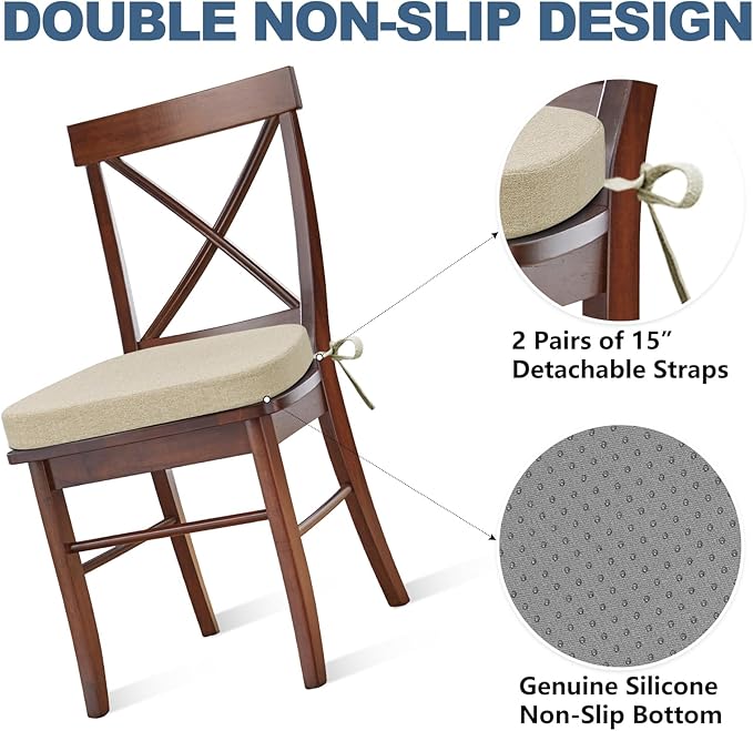 Shinnwa Kitchen Chair Cushion, Non-Slip Dining Chair Cushion with Detachable Straps and Machine Washable Cover, 17x16x2in, Beige
