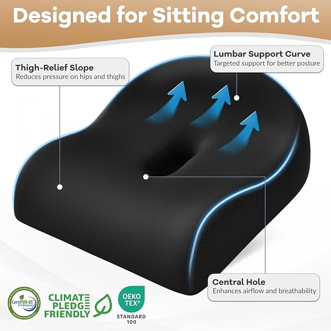 Seat Cushion for Pressure Relief - Ergonomic Home & Office Chair Cushions for Tailbone, Hip, Sciatica Support, Memory Foam Chair Pad for Long Sitting, Driving (Black)
