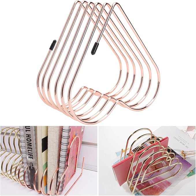 Folder Holder for Desk, Heart Shaped Desk File Organizer Vertical File Holder, 5 Slots Iron Gold File Holder, Telescopic Book File Organizer Stand for Desk File, Rose Gold