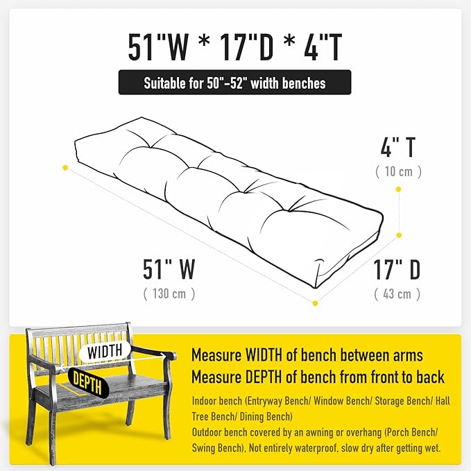 SUNROX LokGrip Non Slip Tufted Memory Foam Bench Cushion, FadeShield Water Resistant Durable Thicken Outdoor/Indoor Bench Seat Pads 51x16x4 inch, Husk Birch