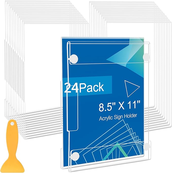 24 Pack Acrylic Sign Holder 8.5 x 11 Wall Mount, Vertical & Horizontal Use, Wall Sign Holder Memo Document Menu Holder for Office Store Restaurants Wedding Party Decoration, No Drilling