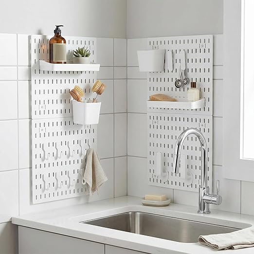 4 Pack White Peg Boards with Hooks & Shelves,22pcs Kits Pegboard Wall Organizer Set–Pegboard Wall Display Rack for Office, Kitchen, Gaming Room Desk Pegboards Storage