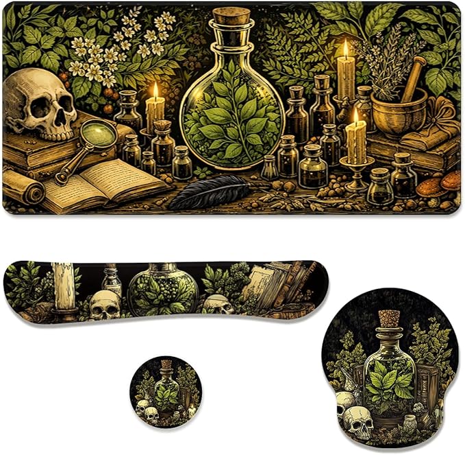 Dark Alchemy Desk Mat Set Witch Herbal Skull Study Large Mouse Pad with Wrist Rest 4in1 Desk Mat for Desktop Ergonomic Computer Desk Arm Wrist Anti-Slip Computer Mouse Pad Home Office Gaming