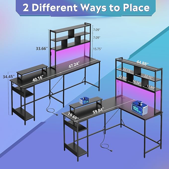 DEVAISE 60 Inch L Shaped Gaming Desk with Drawers and Storage, Corner Desk with LED Lights, Power Outlets, Computer Desk with Monitor Stand, Office Desk for Home, with Hutch, Black