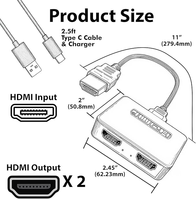 Cyberguys! HDMI Splitter 1 in 2 Out, Mirror Mode Only 4K HDMI Hub 2.0 Video Duplicator with 2.5ft USB Power Cable and Adapter, Supports 4K@60Hz UHD for TV, Monitor, Projector, PS4, Xbox, Blu-Ray