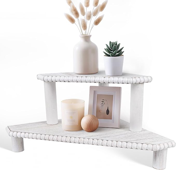 2-Tier Rustic Corner Shelf for Kitchen Counter,Wood Beaded Farmhouse Countertop Organizer with Removable Feet, Stackable Bathroom Vanity & Coffee Bar Decorative Riser Stand(Rustic White)