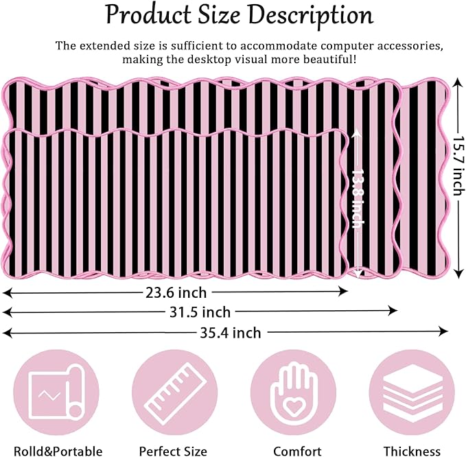 Scalloped Desk Mat Extended Large Cute Striped Mouse Pad Big Desk Pad XXL Aesthetic Stripe Mousepad Gaming Mouse Pad for Keyboard Computer Laptop Home Office Accessories 31.5X15.7Inches Black Pink