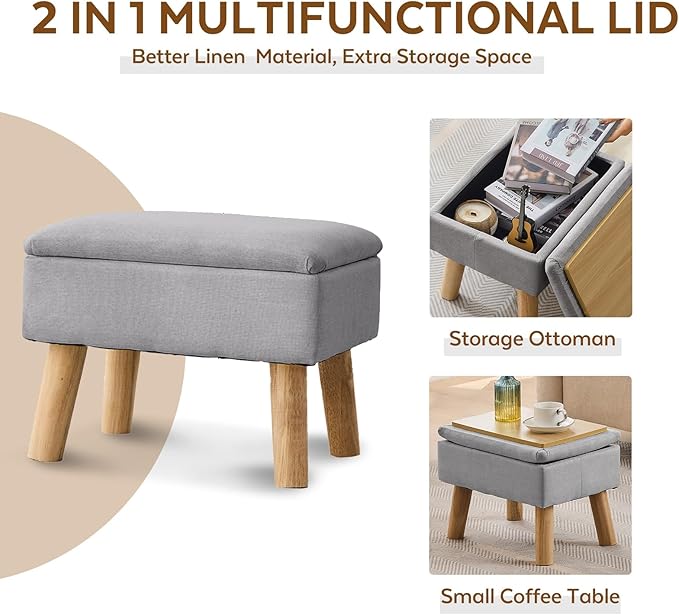 Storage Ottoman, Small Foot Stool Ottoman with Storage, Linen Foot Rest with Wood Legs, Footstool for Living Room, Bedroom, Entryway, Gray