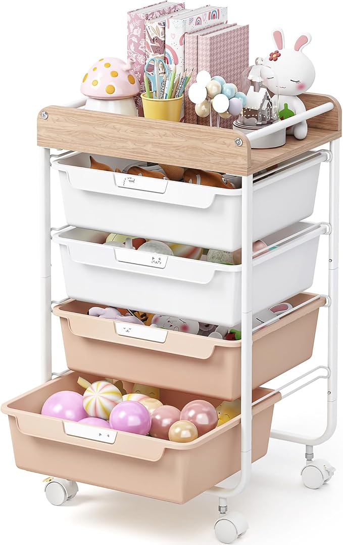 SYKIARIOL Rolling Storage Utility Cart with 4 Drawers,Kids Craft Art Cart,Makeup Organizer and Storage with Wooden Tabletop,Pearl