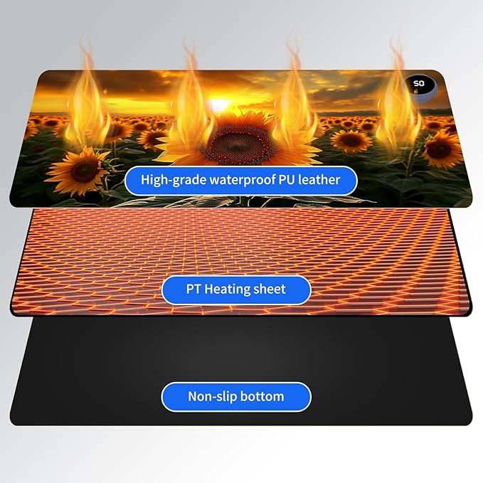 Heated Mouse Pad,Warm Desk Pad with 3 Levels Heating & 3 Hours Auto Shut-Off, PU Leather Heated Desk Pad Warmer Pad for Home Office - 23.6 x 14.2 inch,Sunflower Clusters