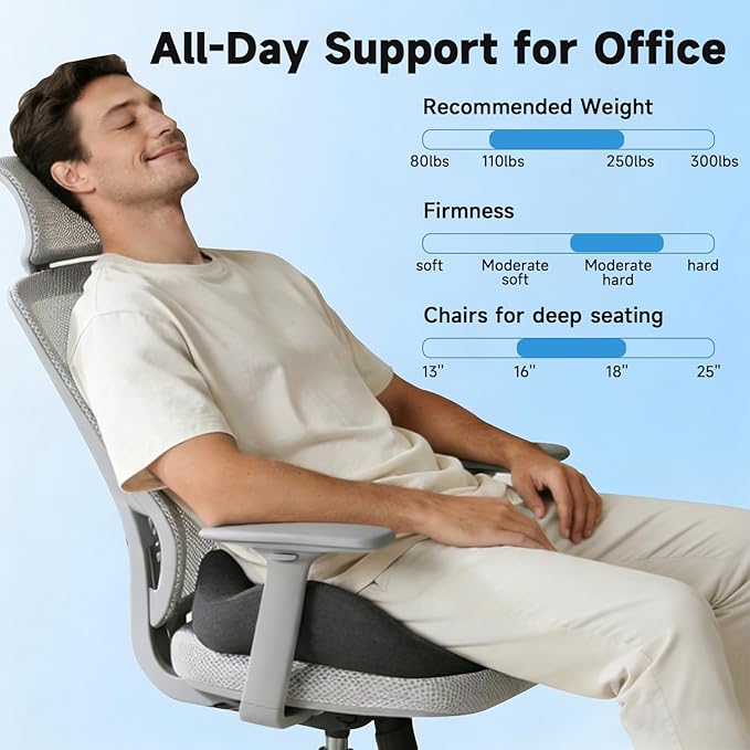 Seat Cushion for Office Chairs – Large U-Shaped Memory Foam Desk Chair Cushions for Long Sitting Comfort, Ergonomic Thick Support Pad for Work from Home & Daily Office Use