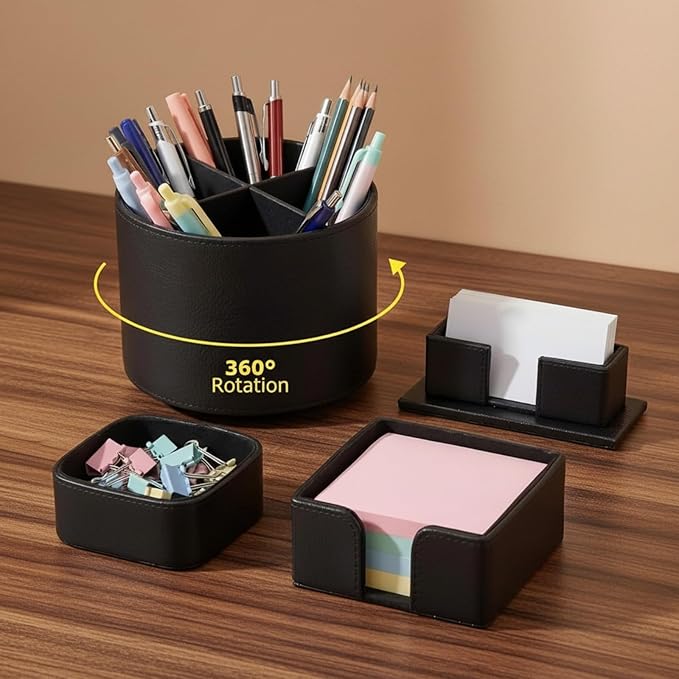 4 Pcs Rotating Leather Pen Holder Organizer Office Desk Accessories Set with Business Card Sticky Note Holder Paperclip Storage Desktop Storage Supply for Teacher Back to School Gift (Black)