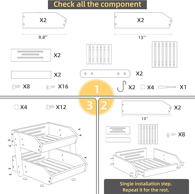 Hellojin Bamboo 2 Tier Fruit Basket For Counter, Large Capacity Fruit Storage Countertop, Fruit Holder, Wooden Pantry Organizers and Storage, Kitchen Countertop Organizer With 2 Banana Hangers (Grey)