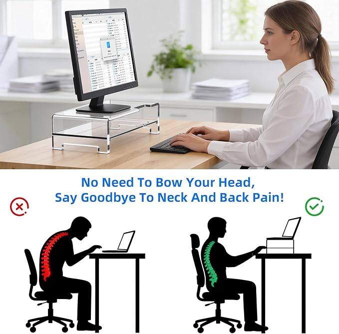 Acrylic Monitor Stand Riser 16'' 2-Tier Acrylic Laptop Stand Clear Computer Stand Laptop Riser with Storage Desk Organizer Accessories for Home and Office