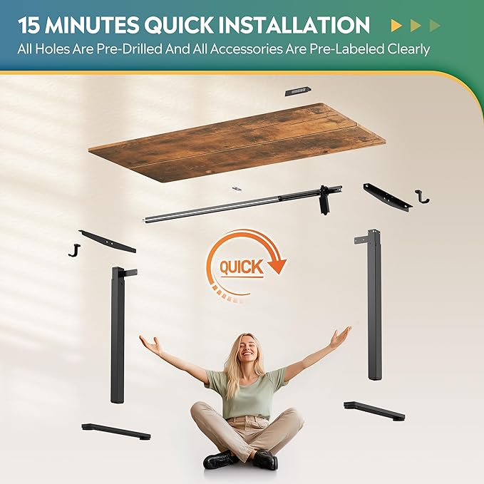 DEVAISE 55 Inch Electric Standing Desk, Adjustable Computer Desk for Home Office, Ergonomic Sit to Stand Desk with LED Touchscreen，Headphone Hook, 3 Memory Preset, with Split Top, Rustic Brown