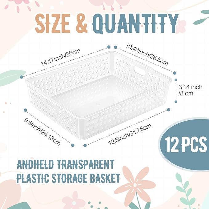 Geetery 12 Pack Classroom Storage Baskets with Handle 14''x10'' Paper Tray Holds A4 Turn in Trays Plastic Paper Baskets Desk Organizer Bin for Classroom, Library, Office, Home (Clear)