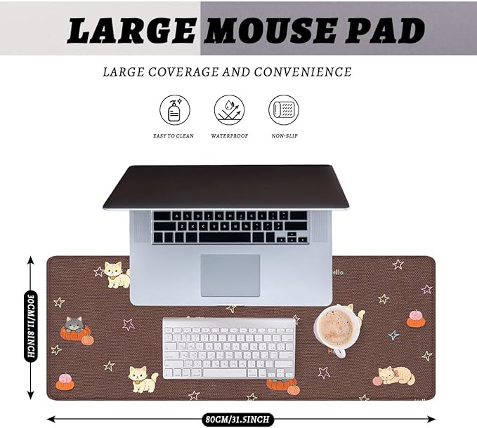 Cute Cat Gaming Mouse Pad Pumpkin Kawaii XL Mouse Pad Large Mousepad Extended Laptop Keyboard Mat Gaming Desk Pad Mouse Mat Office Computer Keyboard Laptop 31.5"x11.8"