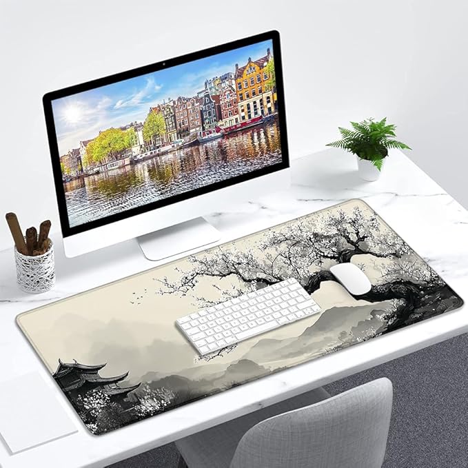 Desk Mat,Desk Pad, XXL Large Mouse Pad,Anti-Slip Big Mousepad with Stitched Edges,Extended Computer Mouse Pads for Desktop Black Japanese Tree