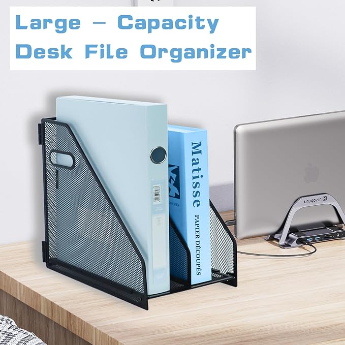 Desk Organizers Metal Magazine File Holder Racks Desktop Folder Storage Binder Organiser Document Organization for Home Office & Classroom,2 Vertical Compartments