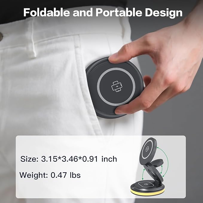 ZealSound 3-in-1 Foldable Magnetic Wireless Charger Stand, 15W Fast Charging Station with 30W Adapter and Warm Night Light for iPhone 17/16/15/14/13/12, Apple Watch & AirPods, for Home Office & Travel