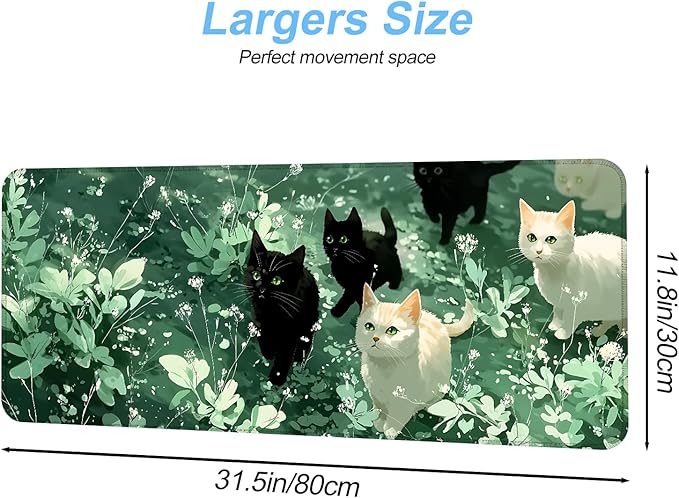 Cute Cat Mouse Pad Large Gaming Desk Mat - Kawaii Black and White Cats in Green Forest, Extended XL Mousepad with Non-Slip Rubber Base for Office, Home, PC, Laptop