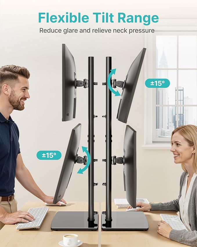 Pegzone Vertical Dual Monitor Stand for 17–34 Inch Screens, Stacked Monitor Mount, Holds up to 33 lbs per Arm, Tabletop Screens Riser with Full Motion, 33.3" Pole 12 Height Settings, 75/100 VESA