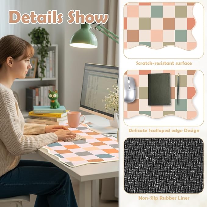 Copkim 1 Pcs Boho Scalloped Checkered Desk Mat 31.5 x 11.8 Inch Large Cute Mouse Pad Computer Mat Non Slip Waterproof Rubber Base with Border Stitching Soft Keyboard Pad for Home Office Gaming Makeup