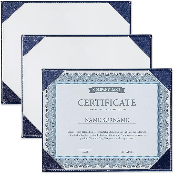 Navy Faux Leather Certificate Holders with Acrylic Easel Stand – 3-Pack, Holds 8.5 x 11" Letter-Size Document Vertically or Horizontally, Professional Certificate Award Frame