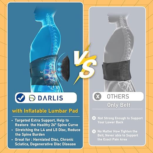 DARLIS Back Brace Support Belt with Inflatable Lumbar Pad - Extra Support for Lower Back Pain, Herniated Disc, Sciatica, Scoliosis, Adjustable Support Straps Lumbar Support Belt for Men Women 2XL