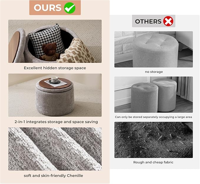 Modern Round Storage Ottoman with Reversible Tray Lid ,Chenille Ottoman Foot Stools , Ottoman Footstool with Hidden Storage , Storage Ottoman for Living Room , Multi-Functional Footrest , Light Grey