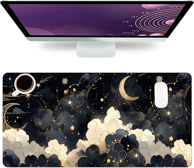 Cute Desk Mat, Black Gold Cloud Moon Large Mouse Pad for Desktop, PU Leather Waterproof Desk Pad, Anti-Slip Computer PC Laptop Protector Gaming Mouse Pads for Office Home Decorations