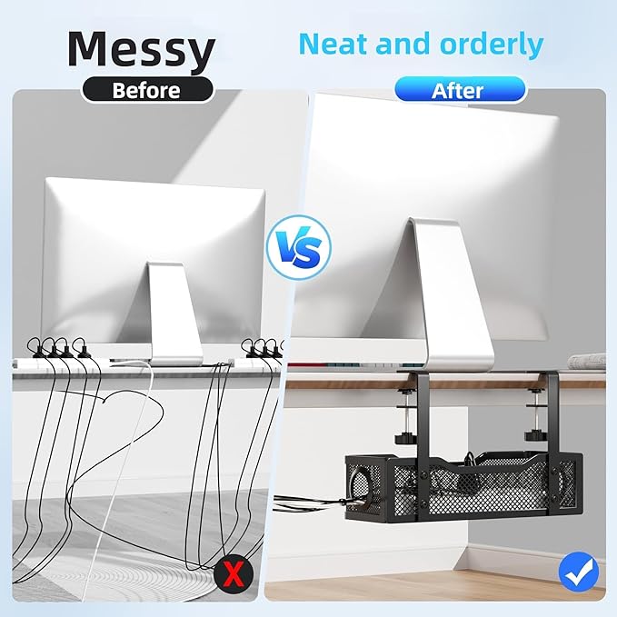 No Drill Under Desk Cable Tray Metal Mesh Wire Management with Clamp Mount 2 Hole Cord Organizer for Home Office Standing Desk Storage