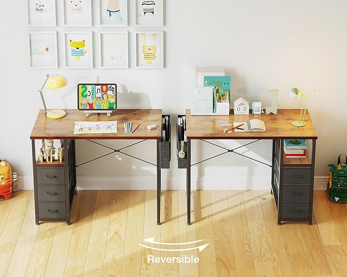 AODK 32 Inch Small Computer Desk with Fabric Drawers, Kids Study Desk for Bedroom, Home Office Desk with Storage Shelf & Bag for Small Space, Vintage