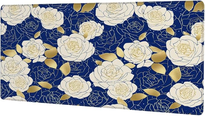 Large Mouse Pad Blue Gold Rose Non-Slip Rubber Long Gaming Desk Mat Big Computer Keyboard Mousepad Waterproof Protector Wristing Pad for Gaming Office Home Decorative 31.5 X 11.8 Inch