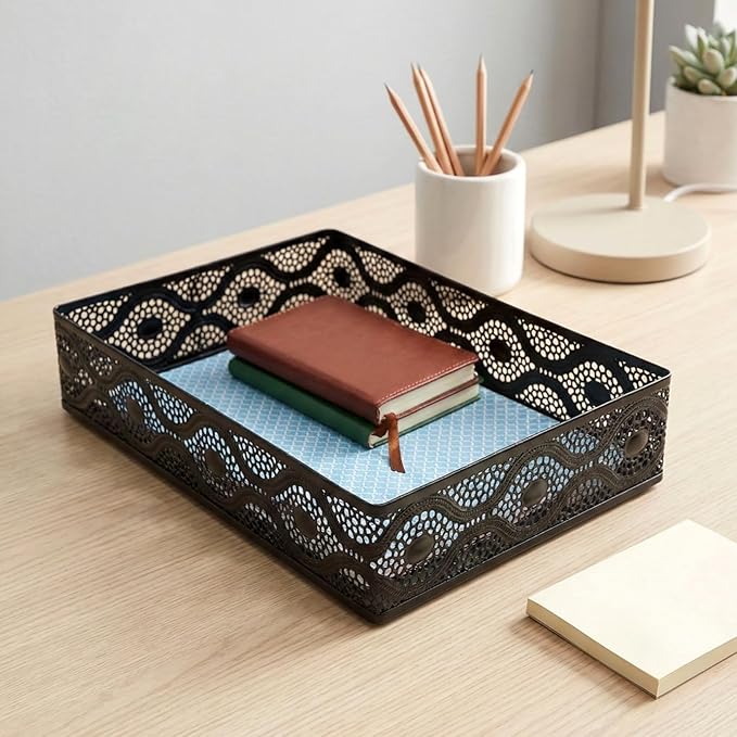 Desk Drawer Organizer, A4 Large Metal Mesh Desk Organizer Tray, Carved Hollow Floral Desk Tray, Versatile Storage Box Set for Office Home Supplies,13x9x3 inches (Curved,1 PC)