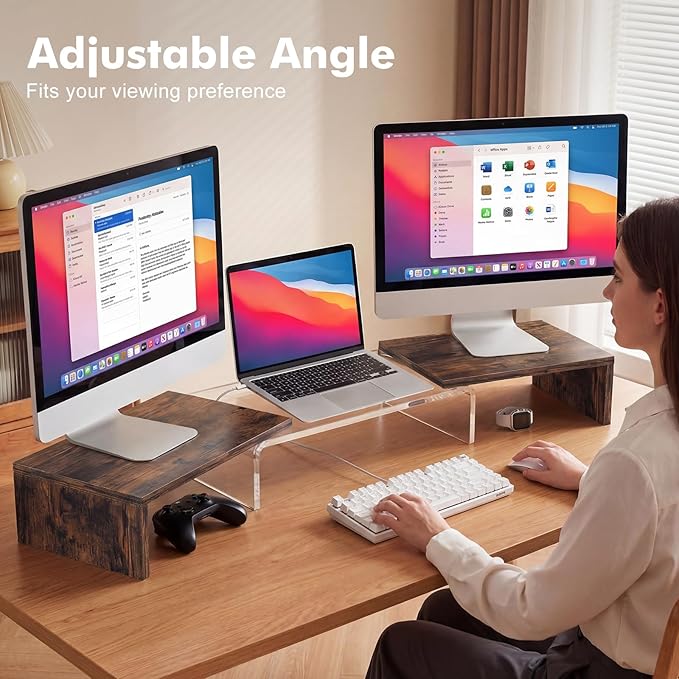 Dual Monitor Riser, Acrylic Monitor Riser with Keyboard Storage, Adjustable Angle & Length Computer Monitor Stand, Wide Desk Shelf for Top of Desk for Home Office_Wood Look