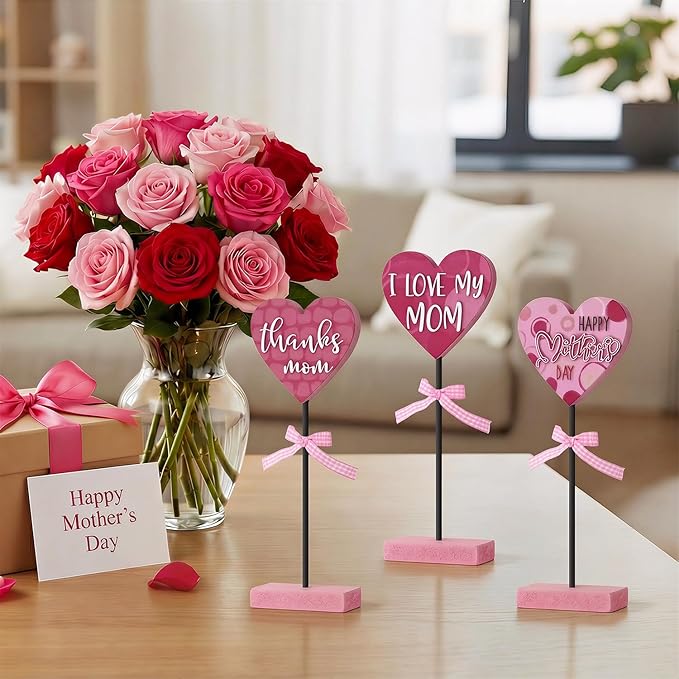 Smile Mother's day Heart - Shaped Mom Wooden Table Decor Set with Pink Bases & Ribbon Accents, Mother's day Indoor Decoration
