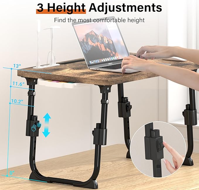 Lap Desk for Bed, Adjustable Laptop Desk with USB Charging Port, Storage Drawer & Bookshelf — Foldable Bed Desk for WFH & Students, 23.6" Desktop Fits 17" Laptop, Non-Slip, Carbonized