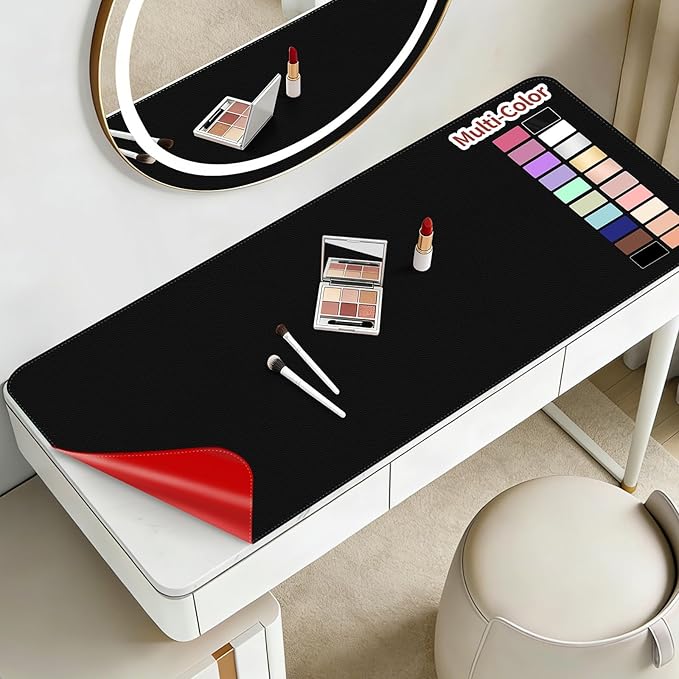 Makeup Mat for Vanity to Protect Desk Top 23.6 x 11.8 in, Dual-Sided Makeup Mat, Easy to Clean Desk Pad - Waterproof and Oilproof Vanity Accessories (Black and Red)