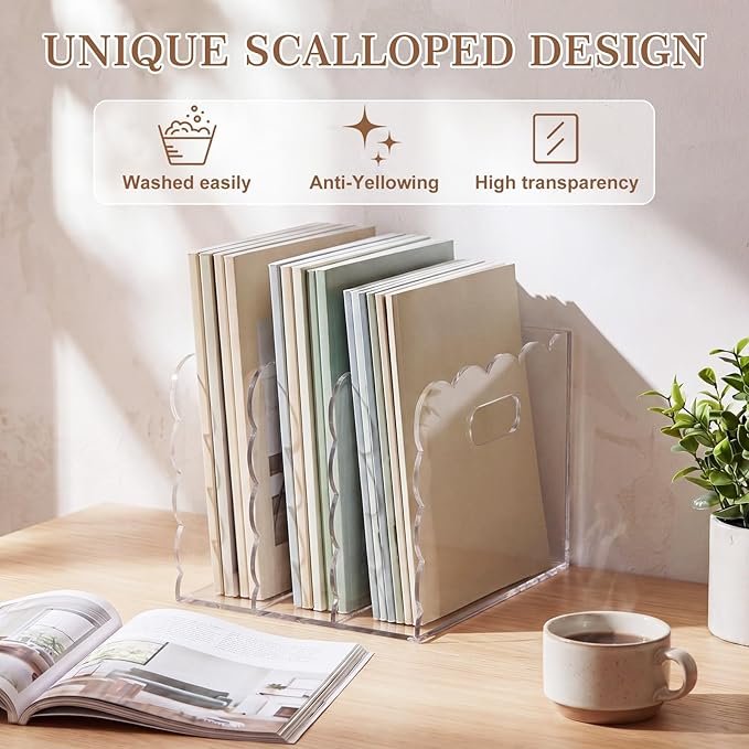 Suzile Scalloped Acrylic Magazine File Holder, 3-Compartment Clear Desk Organizer Vertical Bookends Organization for Office, Binders, Documents, Tablets, Magazines, Books(6.69 x 7.48 x 6.3 Inches)