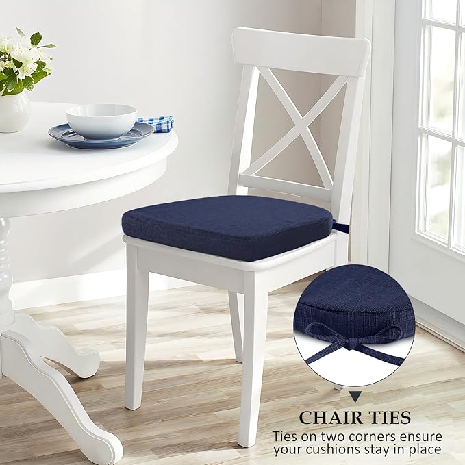 Wellsin Chair Cushions for Dining Chairs 4 Pack - Kitchen Chair Cushions with Ties and Non-Slip Backing - Dining Chair Pads 16"X16"X2", Navy