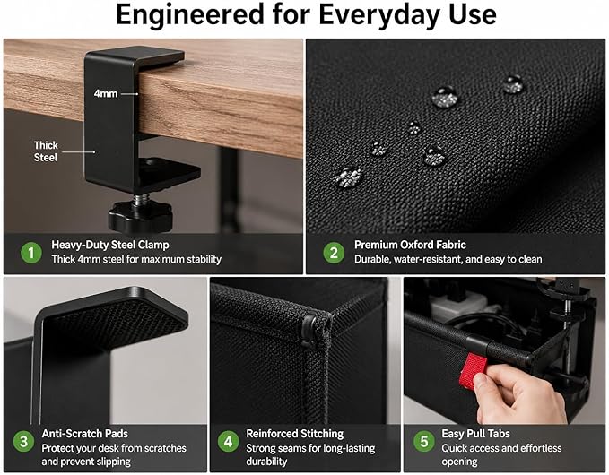 Extra Large 90CM Under Desk Cable Management Tray, No Drill Clamp Mount Cord Organizer, Fabric Cable Management Basket for Standing Desk, Office & Gaming Desk Wire Management