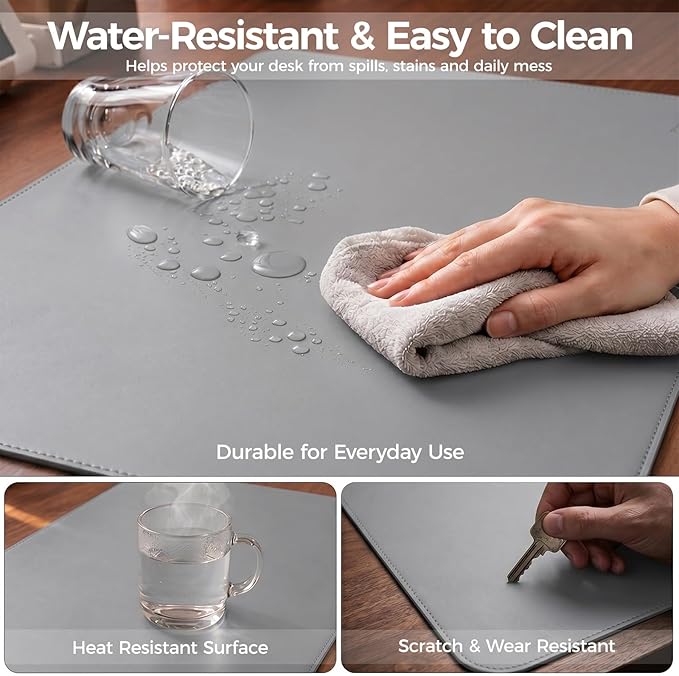Large Desk Pad Non-Slip Desk Mat Protector for Keyboard Mouse Waterproof Vegan Leather Surface Faux Leather Laptop Mat Smooth Mouse Pad Premium Gift Tube Mist Gray 35" x 17"