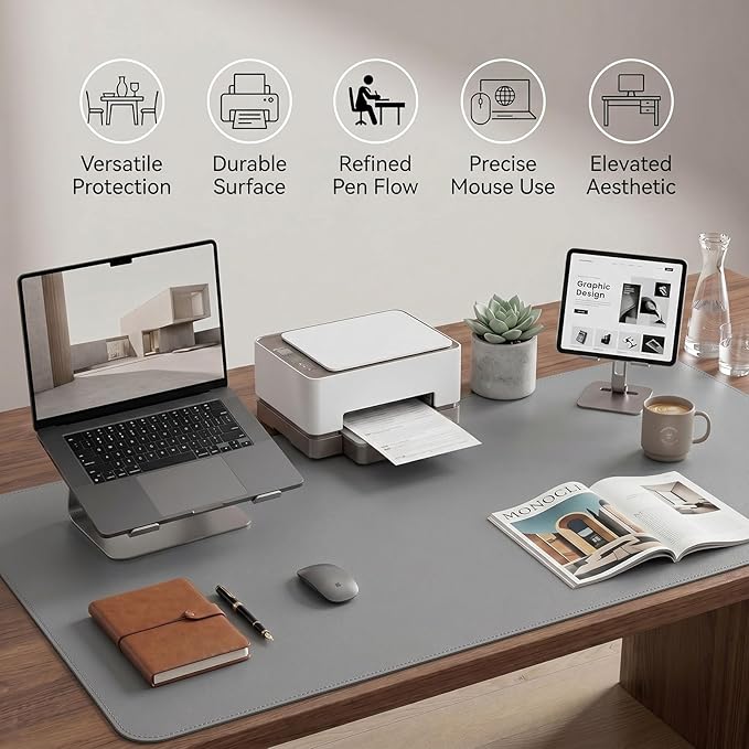 Large Desk Pad Non-Slip Desk Mat Protector for Keyboard Mouse Waterproof Vegan Leather Surface Faux Leather Laptop Mat Smooth Mouse Pad Premium Gift Tube Mist Gray 35" x 17"