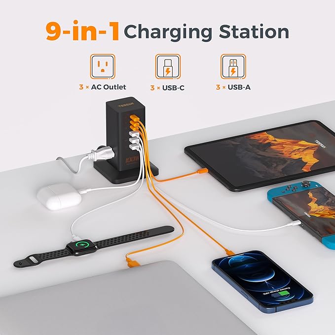 Charging Station for Multiple Devices 100W, TESSAN USB Fast GaN Station for iPhone 14/15, MacBook, Tablet, Type C Desktop Phone with 3 Outlets, Home Drom Office Accessories, Frosted Black, TS-CS03
